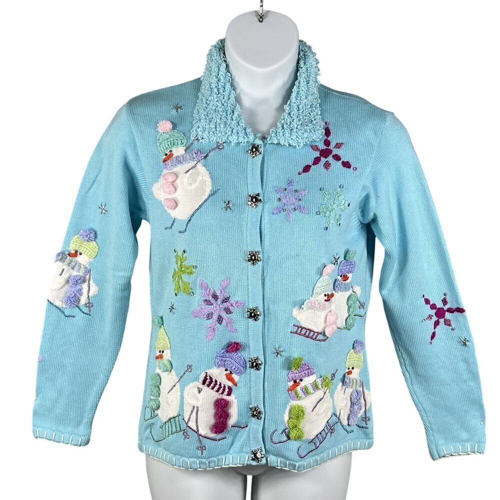 Christine Rotelli Womens M 3D Cardigan Sweater Snowman Teddy Collar Teacher Wear